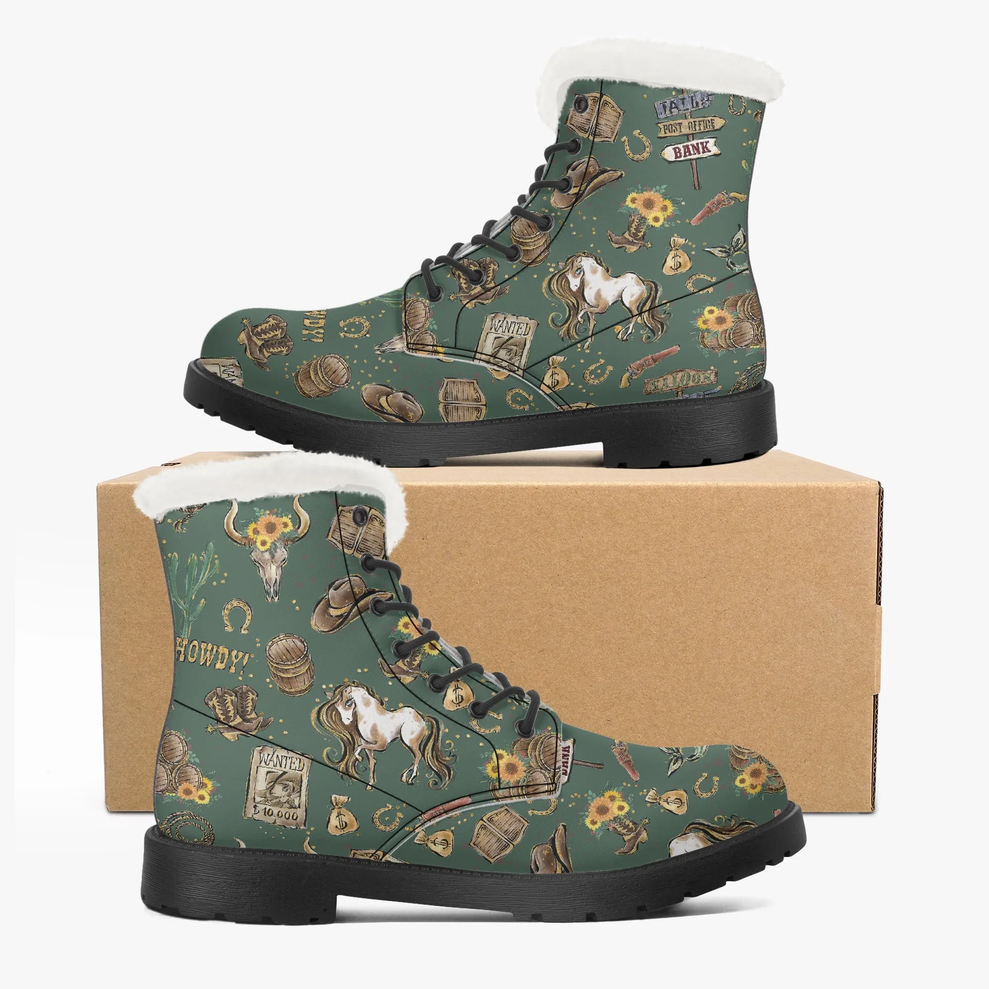 Faux Fur Leather Boots Howdy Cowboy